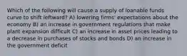 Which of the following will cause a supply of loanable funds curve to shift leftward? A) lowering firms' expectations about the economy B) an increase in government regulations that make plant expansion difficult C) an increase in asset prices leading to a decrease in purchases of stocks and bonds D) an increase in the government deficit