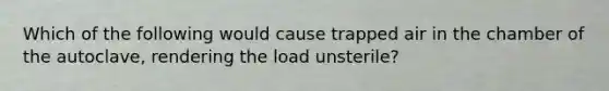 Which of the following would cause trapped air in the chamber of the autoclave, rendering the load unsterile?