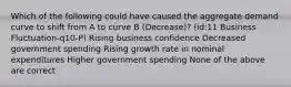 Which of the following could have caused the aggregate demand curve to shift from A to curve B (Decrease)? (id:11 Business Fluctuation-q10-P) Rising business confidence Decreased government spending Rising growth rate in nominal expenditures Higher government spending None of the above are correct