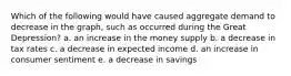 Which of the following would have caused aggregate demand to decrease in the graph, such as occurred during the Great Depression? a. an increase in the money supply b. a decrease in tax rates c. a decrease in expected income d. an increase in consumer sentiment e. a decrease in savings
