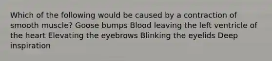 Which of the following would be caused by a contraction of smooth muscle? Goose bumps Blood leaving the left ventricle of the heart Elevating the eyebrows Blinking the eyelids Deep inspiration