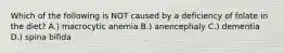 Which of the following is NOT caused by a deficiency of folate in the diet? A.) macrocytic anemia B.) anencephaly C.) dementia D.) spina bifida