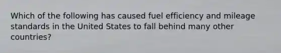 Which of the following has caused fuel efficiency and mileage standards in the United States to fall behind many other countries?