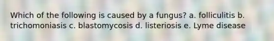 Which of the following is caused by a fungus? a. folliculitis b. trichomoniasis c. blastomycosis d. listeriosis e. Lyme disease