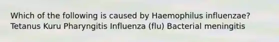 Which of the following is caused by Haemophilus influenzae? Tetanus Kuru Pharyngitis Influenza (flu) Bacterial meningitis