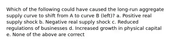 Which of the following could have caused the long-run aggregate supply curve to shift from A to curve B (left)? a. Positive real supply shock b. Negative real supply shock c. Reduced regulations of businesses d. Increased growth in physical capital e. None of the above are correct