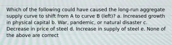 Which of the following could have caused the long-run aggregate supply curve to shift from A to curve B (left)? a. Increased growth in physical capital b. War, pandemic, or natural disaster c. Decrease in price of steel d. Increase in supply of steel e. None of the above are correct