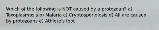 Which of the following is NOT caused by a protozoan? a) Toxoplasmosis b) Malaria c) Cryptosporidiosis d) All are caused by protozoans e) Athlete's foot