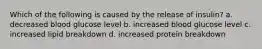 Which of the following is caused by the release of insulin? a. decreased blood glucose level b. increased blood glucose level c. increased lipid breakdown d. increased protein breakdown