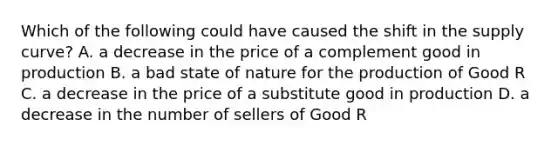 Which of the following could have caused the shift in the supply​ curve? A. a decrease in the price of a complement good in production B. a bad state of nature for the production of Good R C. a decrease in the price of a substitute good in production D. a decrease in the number of sellers of Good R