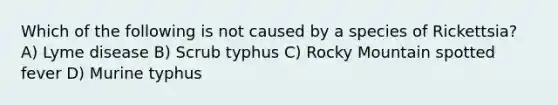 Which of the following is not caused by a species of Rickettsia? A) Lyme disease B) Scrub typhus C) Rocky Mountain spotted fever D) Murine typhus