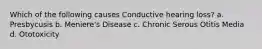 Which of the following causes Conductive hearing loss? a. Presbycusis b. Meniere's Disease c. Chronic Serous Otitis Media d. Ototoxicity