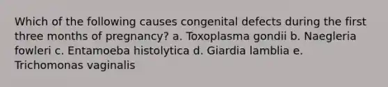 Which of the following causes congenital defects during the first three months of pregnancy? a. Toxoplasma gondii b. Naegleria fowleri c. Entamoeba histolytica d. Giardia lamblia e. Trichomonas vaginalis