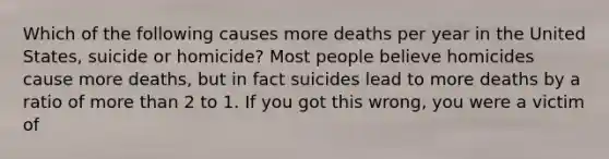 Which of the following causes more deaths per year in the United States, suicide or homicide? Most people believe homicides cause more deaths, but in fact suicides lead to more deaths by a ratio of more than 2 to 1. If you got this wrong, you were a victim of