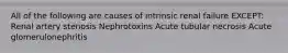 All of the following are causes of intrinsic renal failure EXCEPT: Renal artery stenosis Nephrotoxins Acute tubular necrosis Acute glomerulonephritis