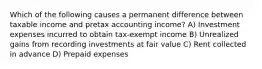 Which of the following causes a permanent difference between taxable income and pretax accounting income? A) Investment expenses incurred to obtain tax-exempt income B) Unrealized gains from recording investments at fair value C) Rent collected in advance D) Prepaid expenses