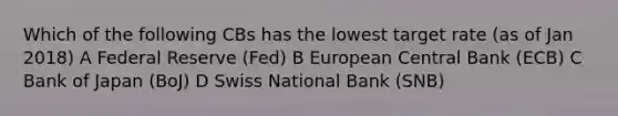 Which of the following CBs has the lowest target rate (as of Jan 2018) A Federal Reserve (Fed) B European Central Bank (ECB) C Bank of Japan (BoJ) D Swiss National Bank (SNB)