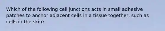 Which of the following cell junctions acts in small adhesive patches to anchor adjacent cells in a tissue together, such as cells in the skin?