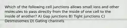 Which of the following cell junctions allows small ions and other molecules to pass directly from the inside of one cell to the inside of another? A) Gap junctions B) Tight junctions C) Desmosomes D) Gating channels