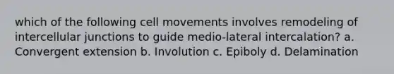 which of the following cell movements involves remodeling of intercellular junctions to guide medio-lateral intercalation? a. Convergent extension b. Involution c. Epiboly d. Delamination