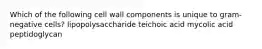 Which of the following cell wall components is unique to gram-negative cells? lipopolysaccharide teichoic acid mycolic acid peptidoglycan