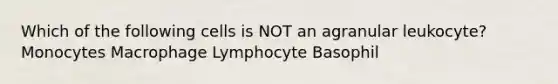 Which of the following cells is NOT an agranular leukocyte? Monocytes Macrophage Lymphocyte Basophil