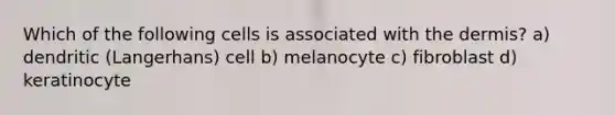 Which of the following cells is associated with the dermis? a) dendritic (Langerhans) cell b) melanocyte c) fibroblast d) keratinocyte