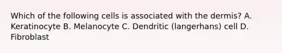 Which of the following cells is associated with the dermis? A. Keratinocyte B. Melanocyte C. Dendritic (langerhans) cell D. Fibroblast