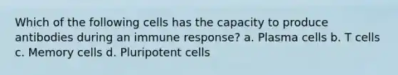 Which of the following cells has the capacity to produce antibodies during an immune response? a. Plasma cells b. T cells c. Memory cells d. Pluripotent cells