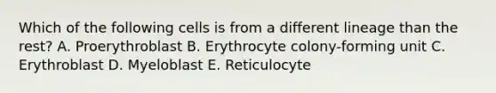 Which of the following cells is from a different lineage than the rest? A. Proerythroblast B. Erythrocyte colony-forming unit C. Erythroblast D. Myeloblast E. Reticulocyte