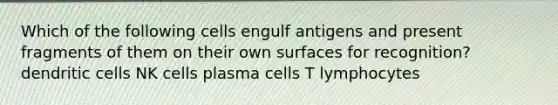 Which of the following cells engulf antigens and present fragments of them on their own surfaces for recognition? dendritic cells NK cells plasma cells T lymphocytes