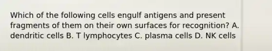 Which of the following cells engulf antigens and present fragments of them on their own surfaces for recognition? A. dendritic cells B. T lymphocytes C. plasma cells D. NK cells