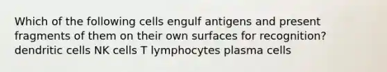 Which of the following cells engulf antigens and present fragments of them on their own surfaces for recognition? dendritic cells NK cells T lymphocytes plasma cells