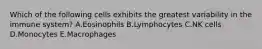 Which of the following cells exhibits the greatest variability in the immune system? A.Eosinophils B.Lymphocytes C.NK cells D.Monocytes E.Macrophages