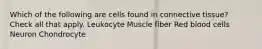 Which of the following are cells found in connective tissue? Check all that apply. Leukocyte Muscle fiber Red blood cells Neuron Chondrocyte