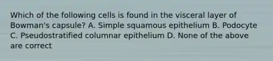 Which of the following cells is found in the visceral layer of Bowman's capsule? A. Simple squamous epithelium B. Podocyte C. Pseudostratified columnar epithelium D. None of the above are correct