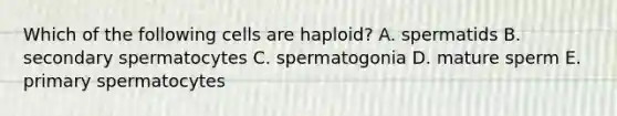 Which of the following cells are haploid? A. spermatids B. secondary spermatocytes C. spermatogonia D. mature sperm E. primary spermatocytes