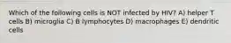 Which of the following cells is NOT infected by HIV? A) helper T cells B) microglia C) B lymphocytes D) macrophages E) dendritic cells