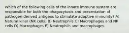 Which of the following cells of the innate immune system are responsible for both the phagocytosis and presentation of pathogen-derived antigens to stimulate adaptive immunity? A) Natural killer (NK cells) B) Neutrophils C) Macrophages and NK cells D) Macrophages E) Neutrophils and macrophages