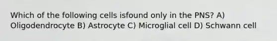 Which of the following cells isfound only in the PNS? A) Oligodendrocyte B) Astrocyte C) Microglial cell D) Schwann cell