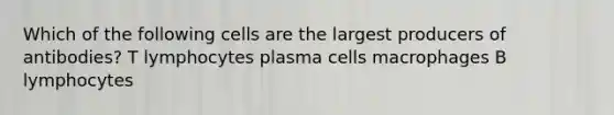 Which of the following cells are the largest producers of antibodies? T lymphocytes plasma cells macrophages B lymphocytes