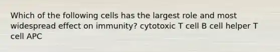 Which of the following cells has the largest role and most widespread effect on immunity? cytotoxic T cell B cell helper T cell APC