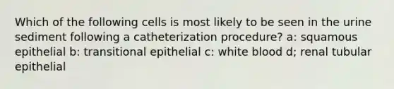 Which of the following cells is most likely to be seen in the urine sediment following a catheterization procedure? a: squamous epithelial b: transitional epithelial c: white blood d; renal tubular epithelial