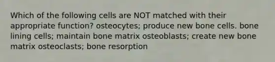 Which of the following cells are NOT matched with their appropriate function? osteocytes; produce new bone cells. bone lining cells; maintain bone matrix osteoblasts; create new bone matrix osteoclasts; bone resorption