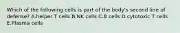 Which of the following cells is part of the body's second line of defense? A.helper T cells B.NK cells C.B cells D.cytotoxic T cells E.Plasma cells
