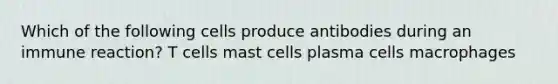 Which of the following cells produce antibodies during an immune reaction? T cells mast cells plasma cells macrophages