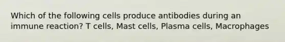 Which of the following cells produce antibodies during an immune reaction? T cells, Mast cells, Plasma cells, Macrophages