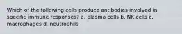 Which of the following cells produce antibodies involved in specific immune responses? a. plasma cells b. NK cells c. macrophages d. neutrophils