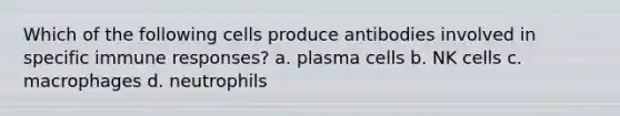 Which of the following cells produce antibodies involved in specific immune responses? a. plasma cells b. NK cells c. macrophages d. neutrophils