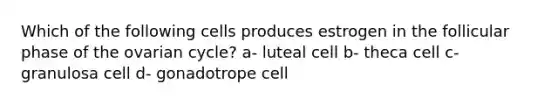 Which of the following cells produces estrogen in the follicular phase of the ovarian cycle? a- luteal cell b- theca cell c- granulosa cell d- gonadotrope cell